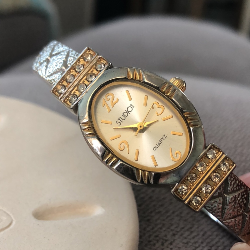 Studio Quartz Watch Silver Gold Rhinestone Hinged Bangle Vintage Works!